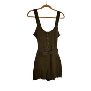 Evereve Dark Green Crimped 100% Cotton Sleeveless Button Front Romper Medium